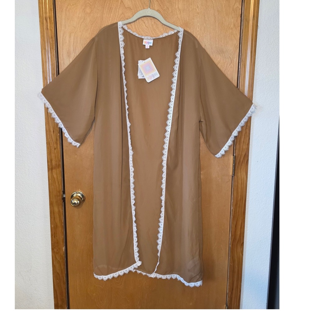LuLaRoe Shirley Kimono Wrap Brown Lace Trim Open Front Cardigan Small NWT